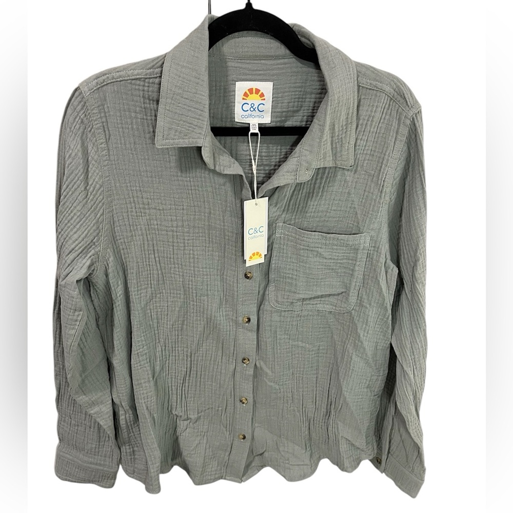 C&C California Sage Green Slub Cotton Long Sleeve Button Down Shirt Medium NWT